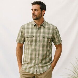 Wellen Mens Eddy Shirt Green Plaid Snap Front Vented Short Sleeve Size L